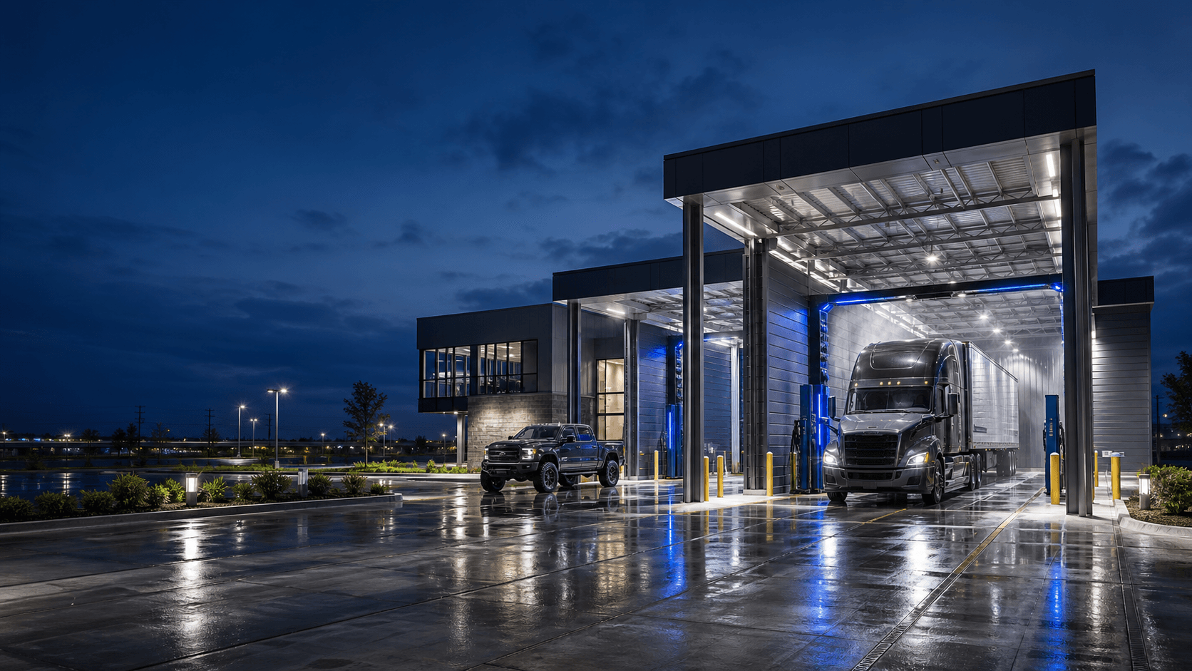 Concept rendering of the proposed Big Bay Wash flagship serving an oversized pickup and tractor-trailer