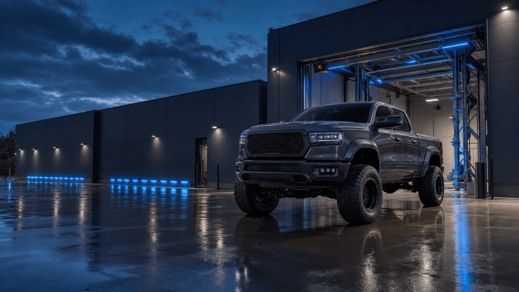 Concept rendering of a lifted pickup at a high-clearance Big Bay Wash bay