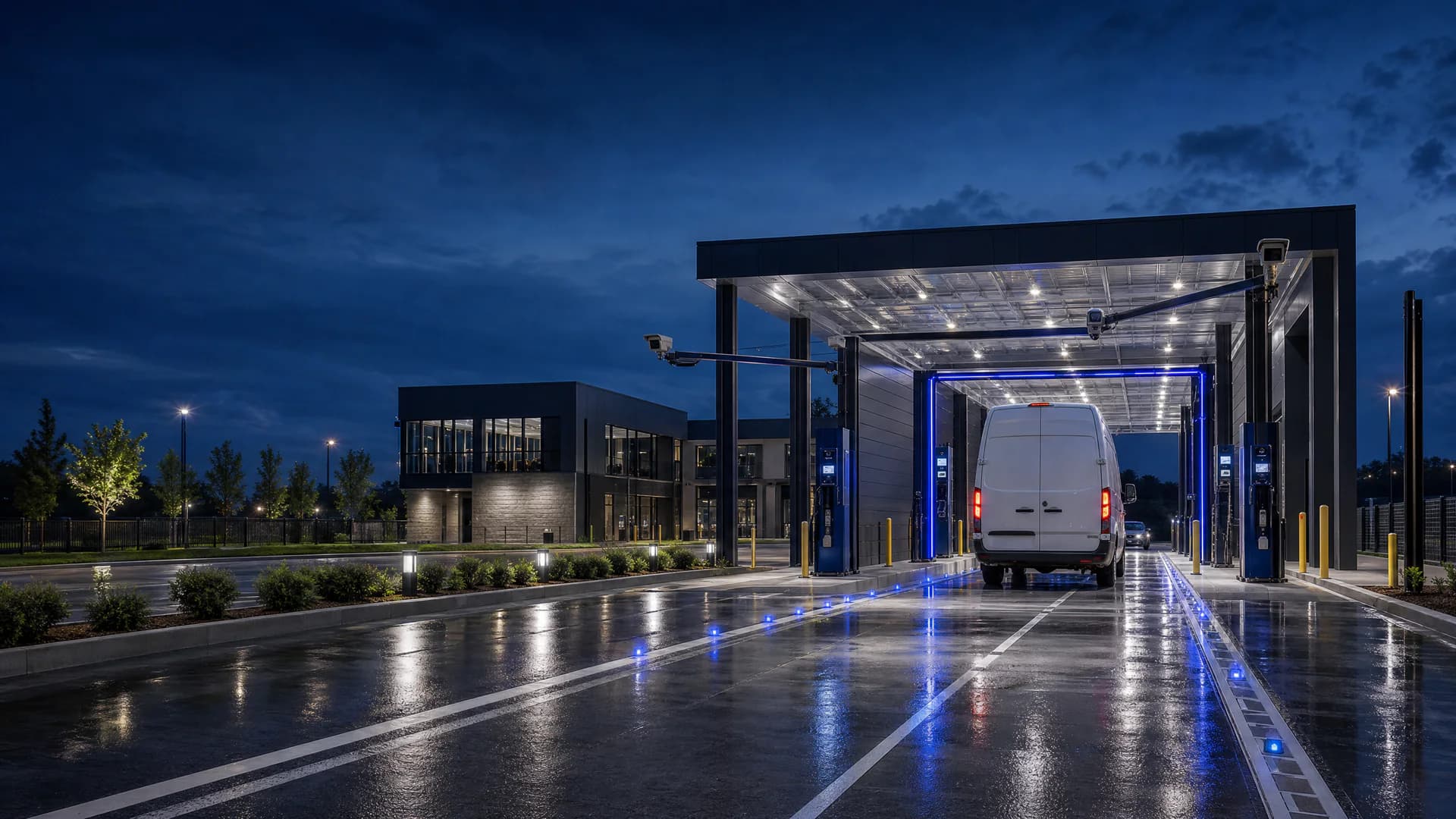 Concept visualization of a commercial vehicle approaching a digitally managed Big Bay Wash arrival lane